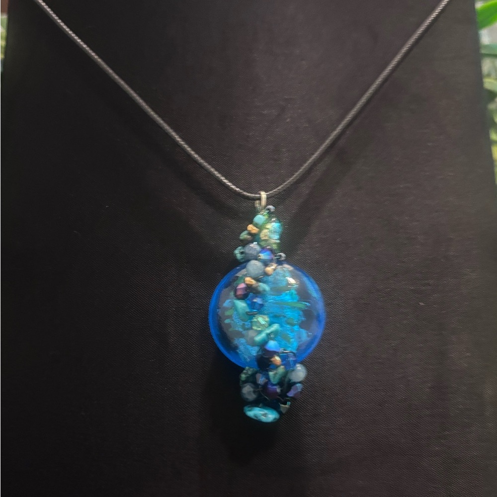 Crystal Wrapped Ocean Blue Pendant Necklace - 18”